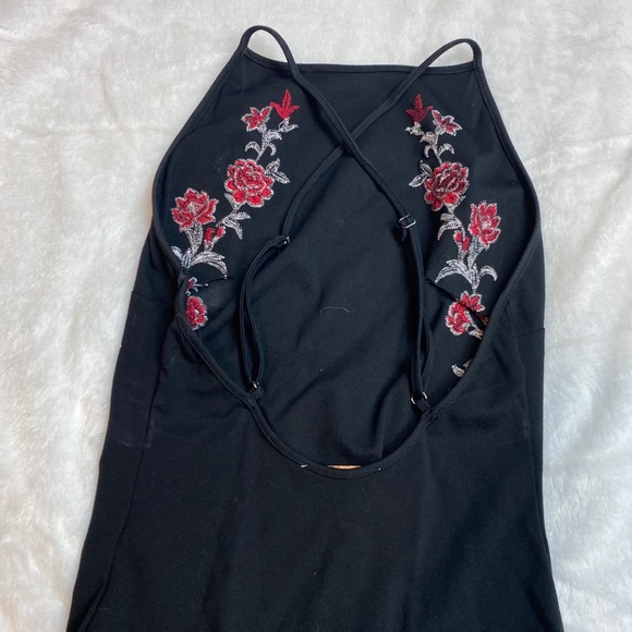 Forever 21 Black Embroidered Red Roses Criss Cross Back Bodysuit - Picture 8 of 12